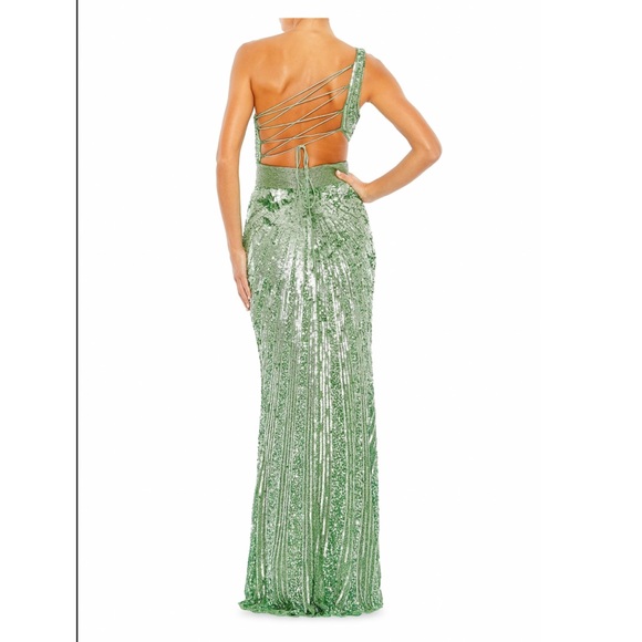 MAC DUGGAL - Sequined One-Shoulder Lace-Up Gown -SAGE - Picture 2 of 7